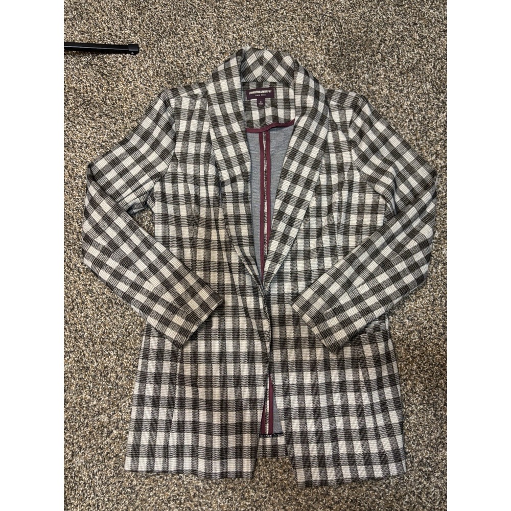 Johnson&Murphy Women's Small Shawl Collar Brown Plaid Blazer Jacket‎ C13